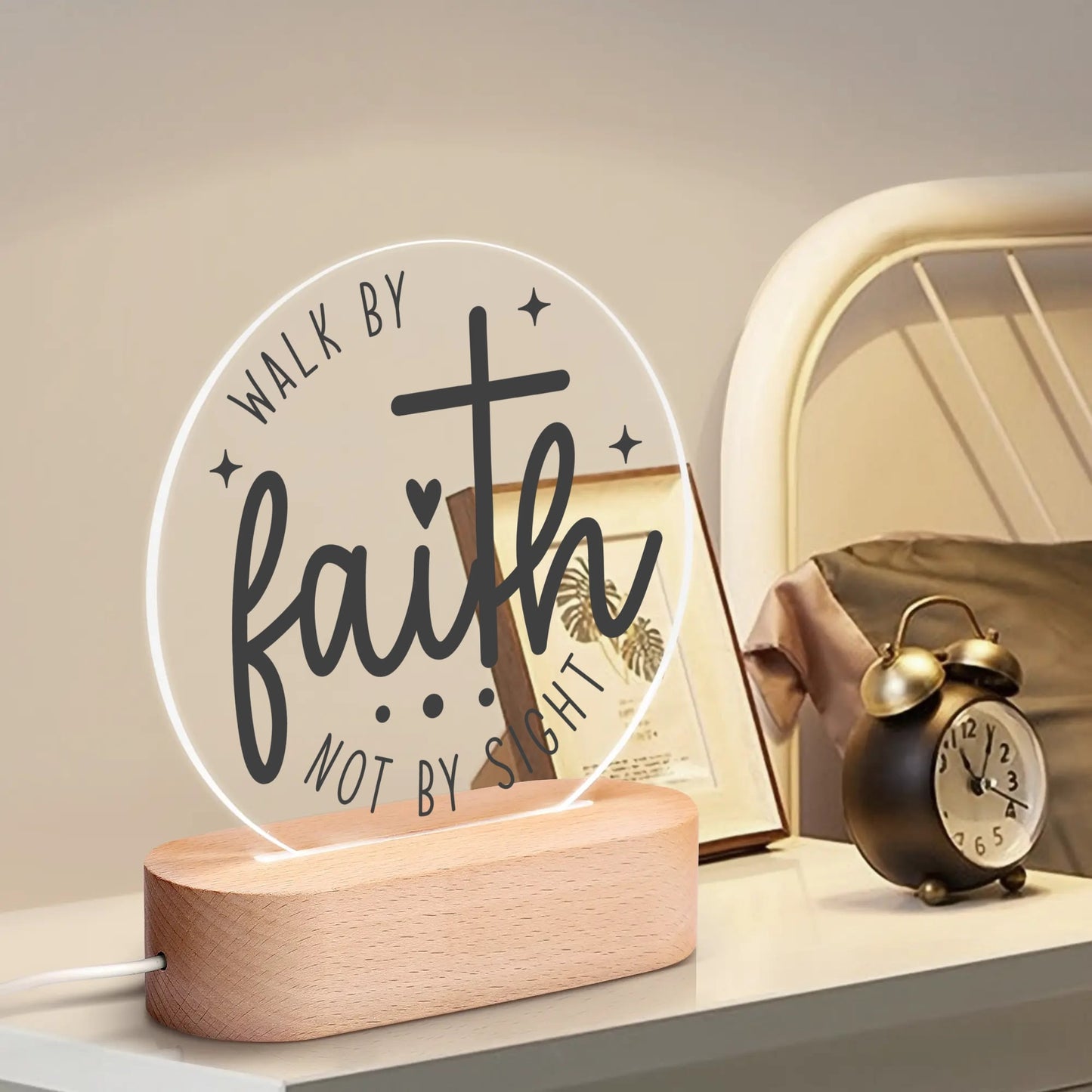 Christian Inspiration Words - Round LED Acrylic Night Light with Wooden Base