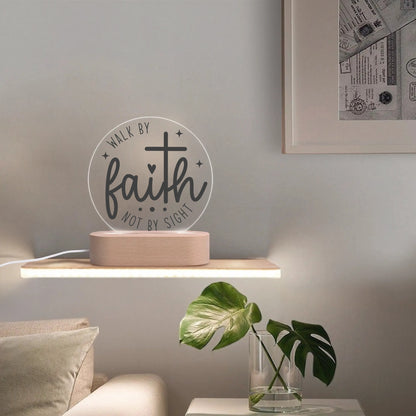 Christian Inspiration Words - Round LED Acrylic Night Light with Wooden Base