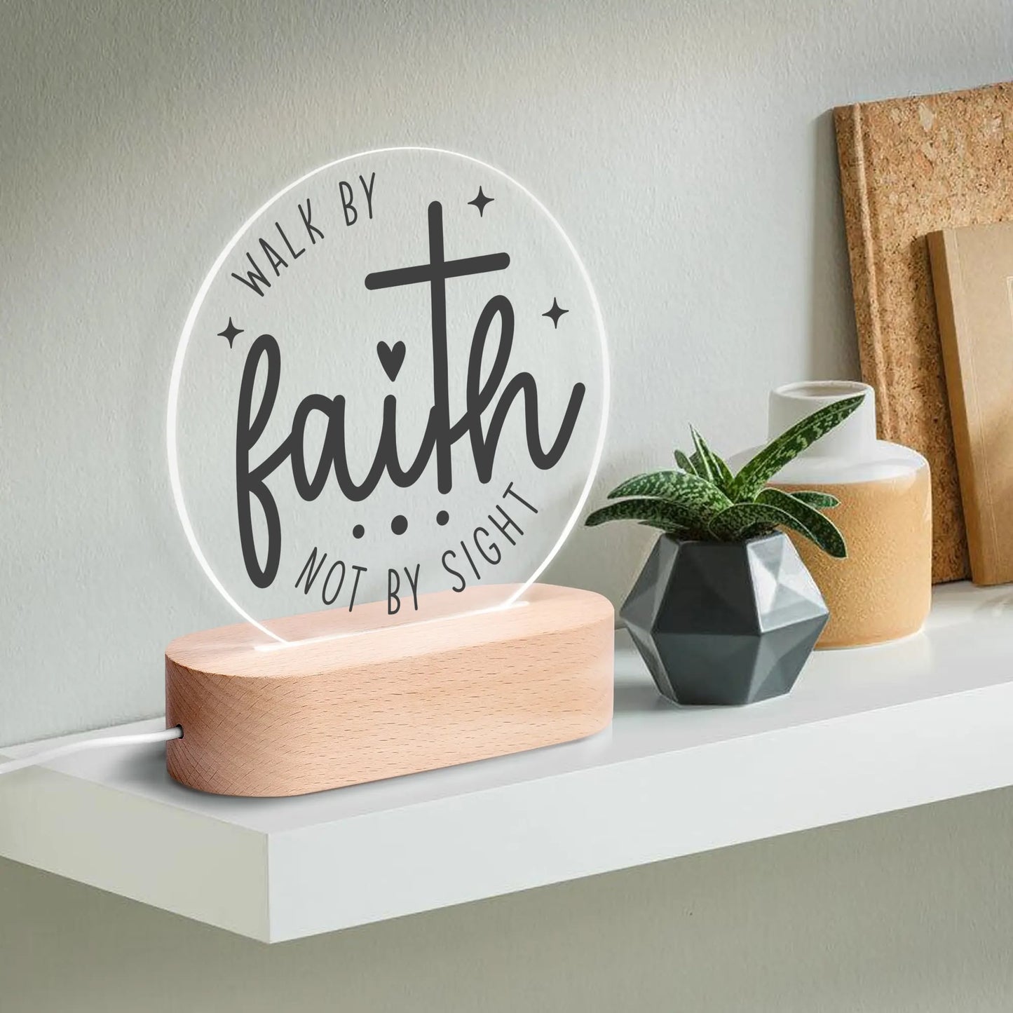 Christian Inspiration Words - Round LED Acrylic Night Light with Wooden Base