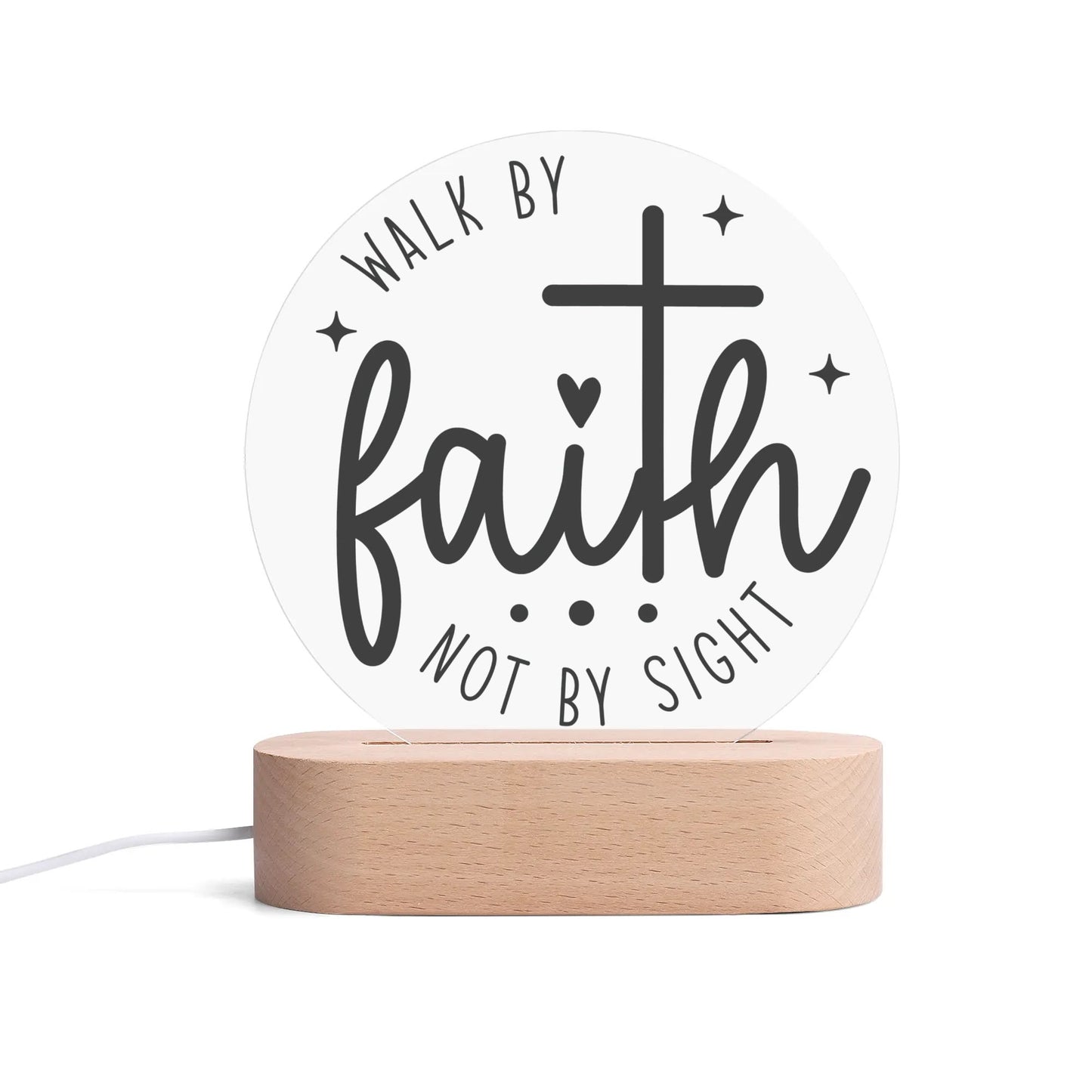 Christian Inspiration Words - Round LED Acrylic Night Light with Wooden Base