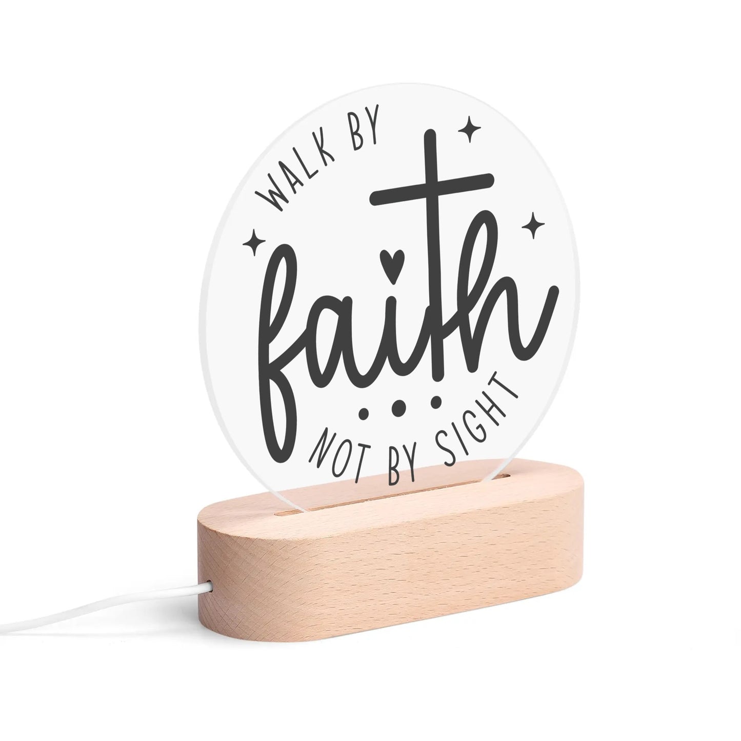 Christian Inspiration Words - Round LED Acrylic Night Light with Wooden Base