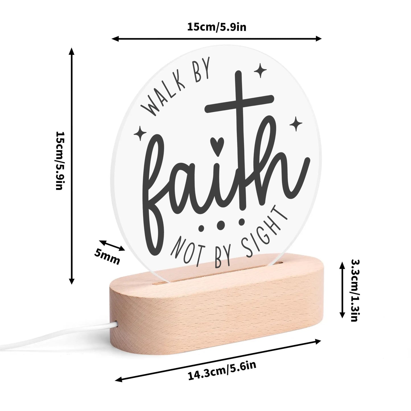 Christian Inspiration Words - Round LED Acrylic Night Light with Wooden Base