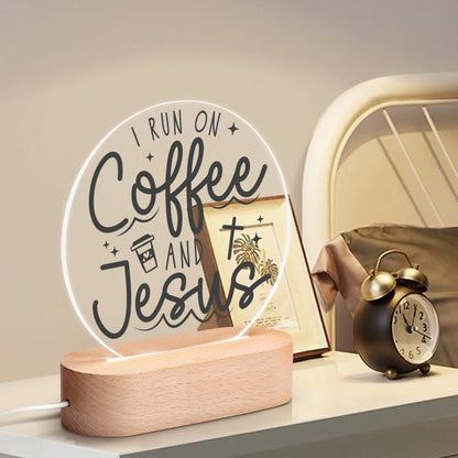 Christian Inspiration Words - Round LED Acrylic Night Light with Wooden Base