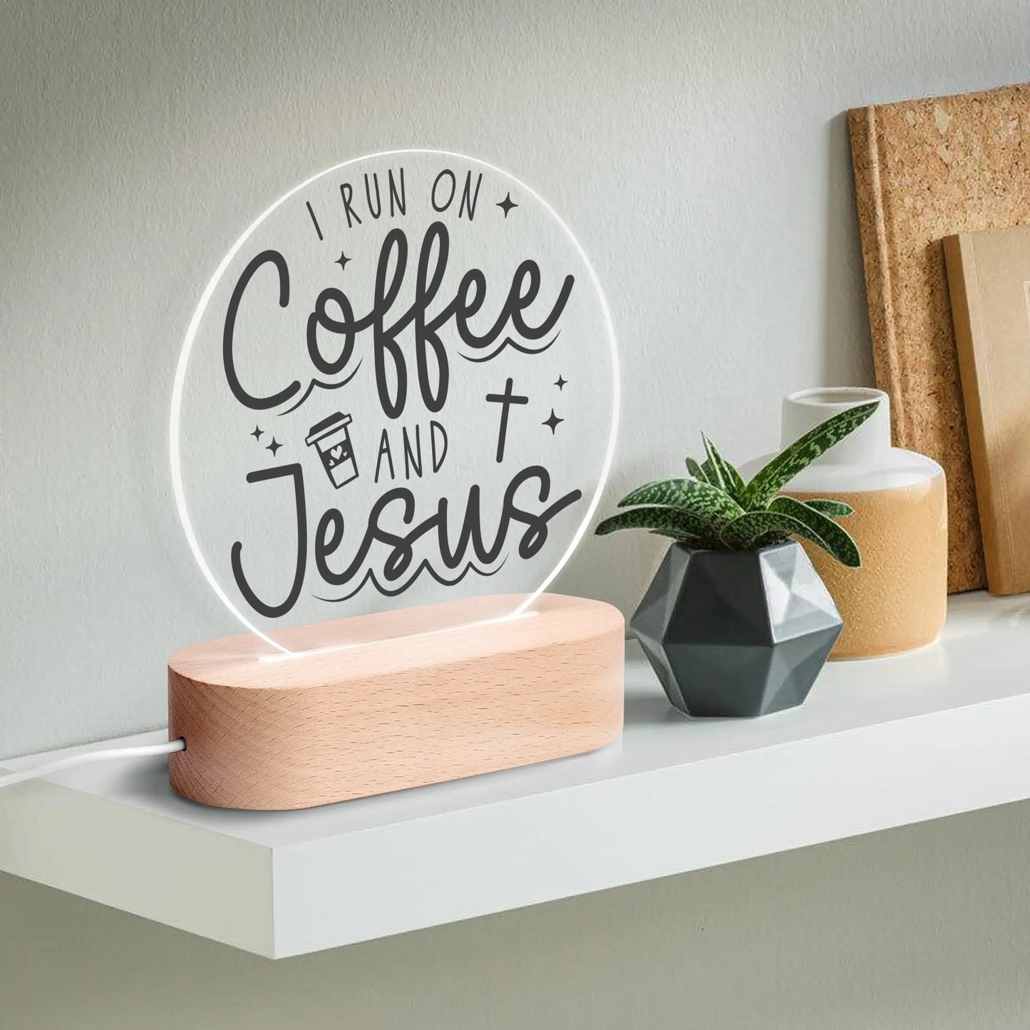 Christian Inspiration Words - Round LED Acrylic Night Light with Wooden Base