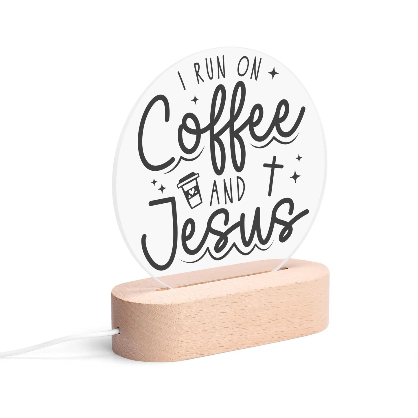 Christian Inspiration Words - Round LED Acrylic Night Light with Wooden Base