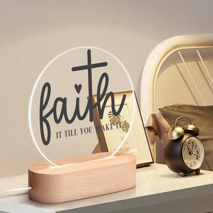 Christian Inspiration Words - Round LED Acrylic Night Light with Wooden Base