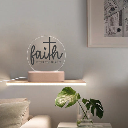 Christian Inspiration Words - Round LED Acrylic Night Light with Wooden Base