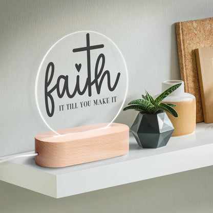 Christian Inspiration Words - Round LED Acrylic Night Light with Wooden Base