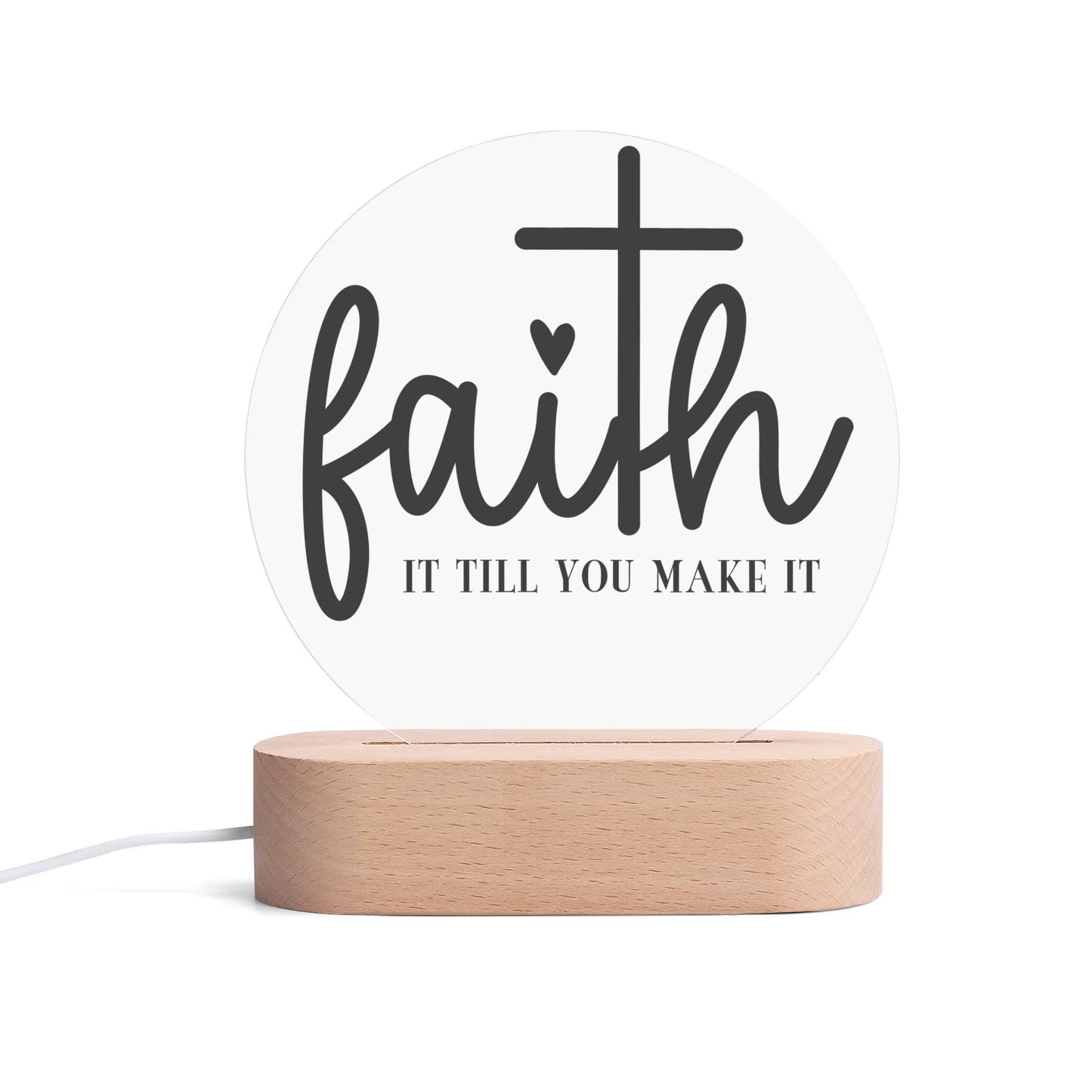 Christian Inspiration Words - Round LED Acrylic Night Light with Wooden Base