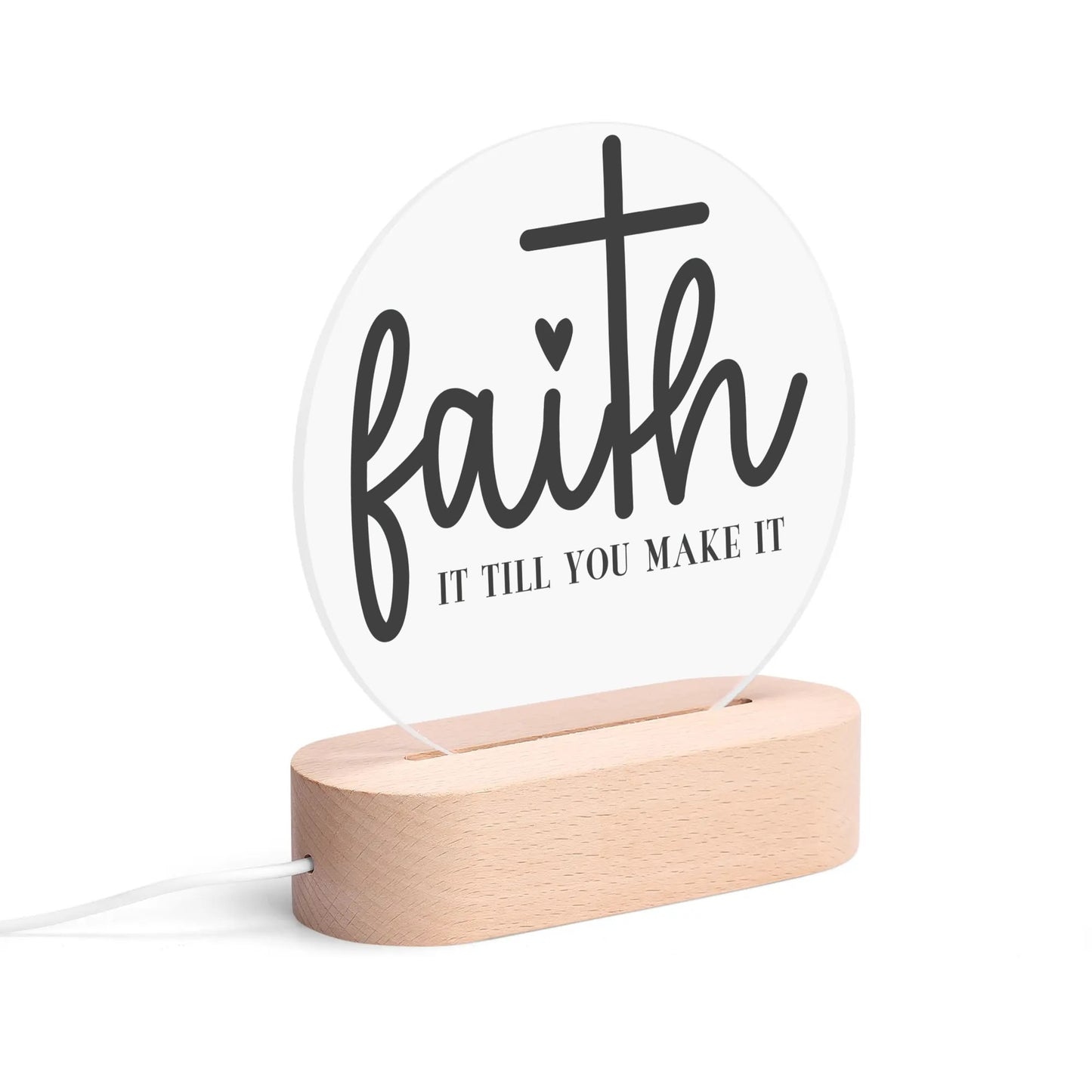 Christian Inspiration Words - Round LED Acrylic Night Light with Wooden Base