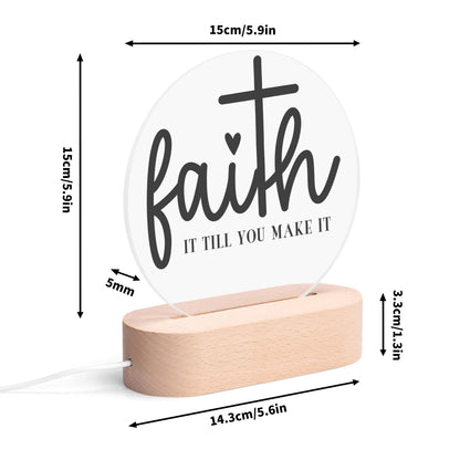 Christian Inspiration Words - Round LED Acrylic Night Light with Wooden Base