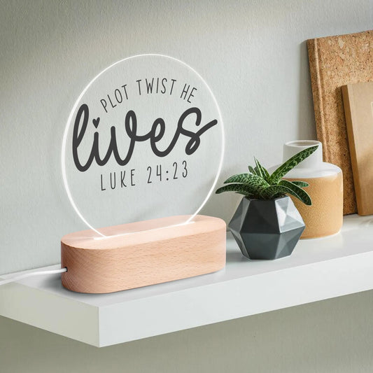 Christian Inspiration Words - Round LED Acrylic Night Light with Wooden Base