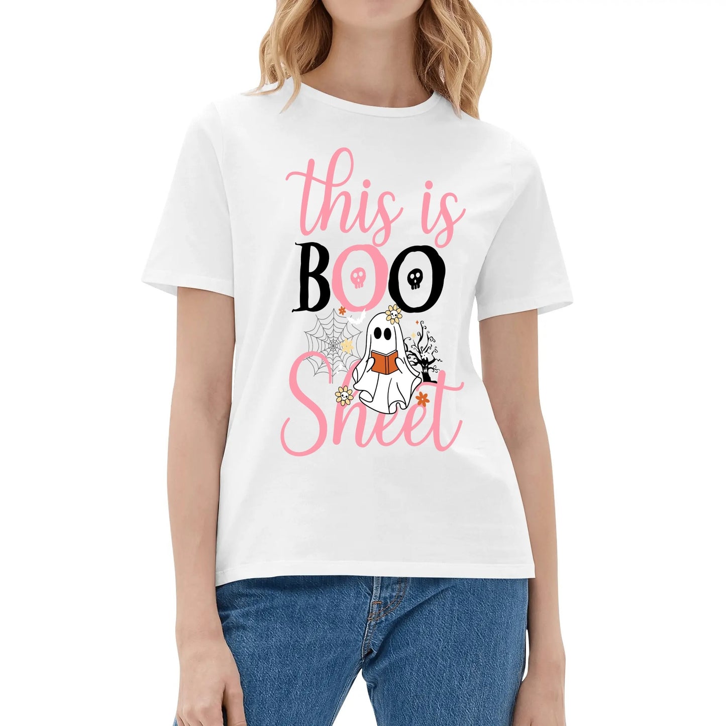 This is BOO Sheet - Womens Super Soft 100% Cotton T-Shirts - Funny Halloween Ghost Tee