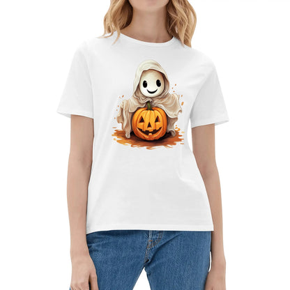 Cute Ghost & Pumpkin - Womens Super Soft 100% Cotton T-Shirts - Fun Halloween Tee