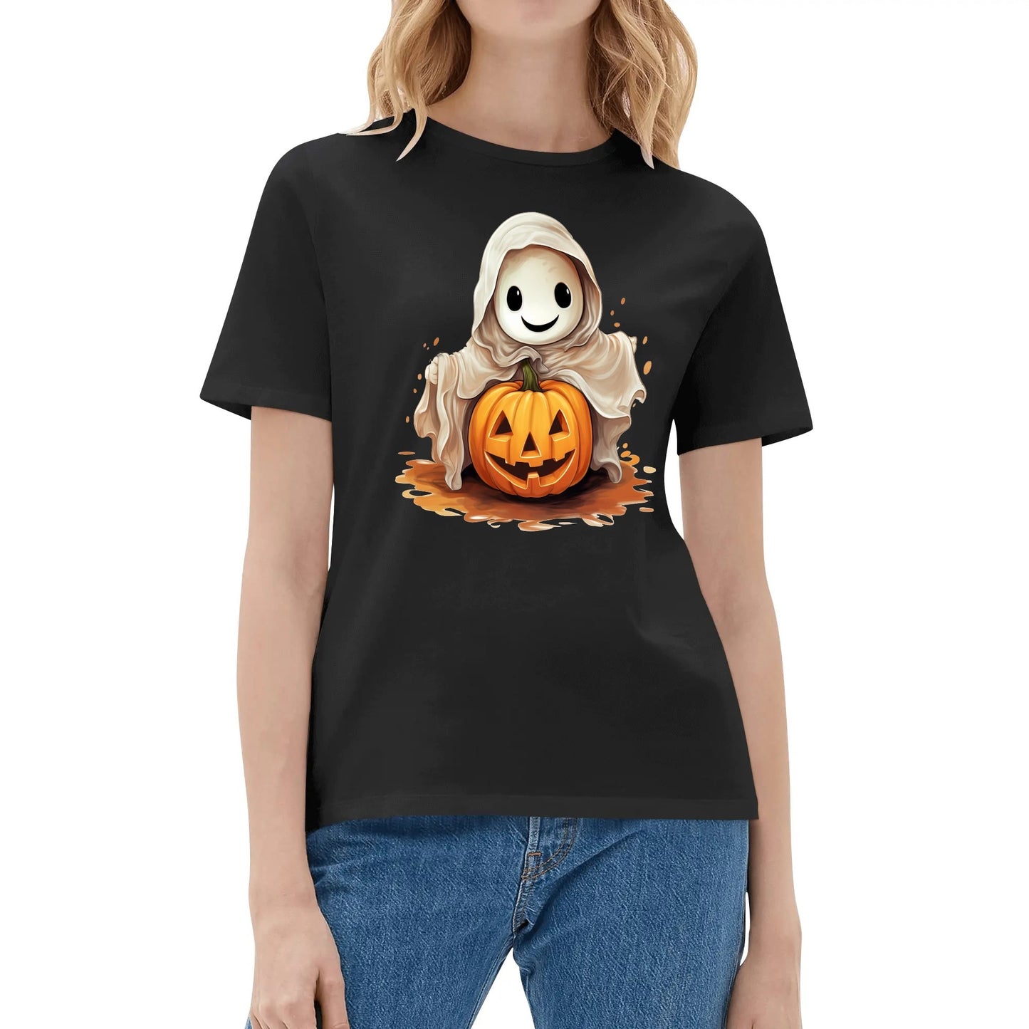 Cute Ghost & Pumpkin - Womens Super Soft 100% Cotton T-Shirts - Fun Halloween Tee