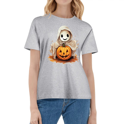 Cute Ghost & Pumpkin - Womens Super Soft 100% Cotton T-Shirts - Fun Halloween Tee