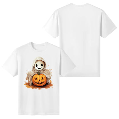 Cute Ghost & Pumpkin - Womens Super Soft 100% Cotton T-Shirts - Fun Halloween Tee