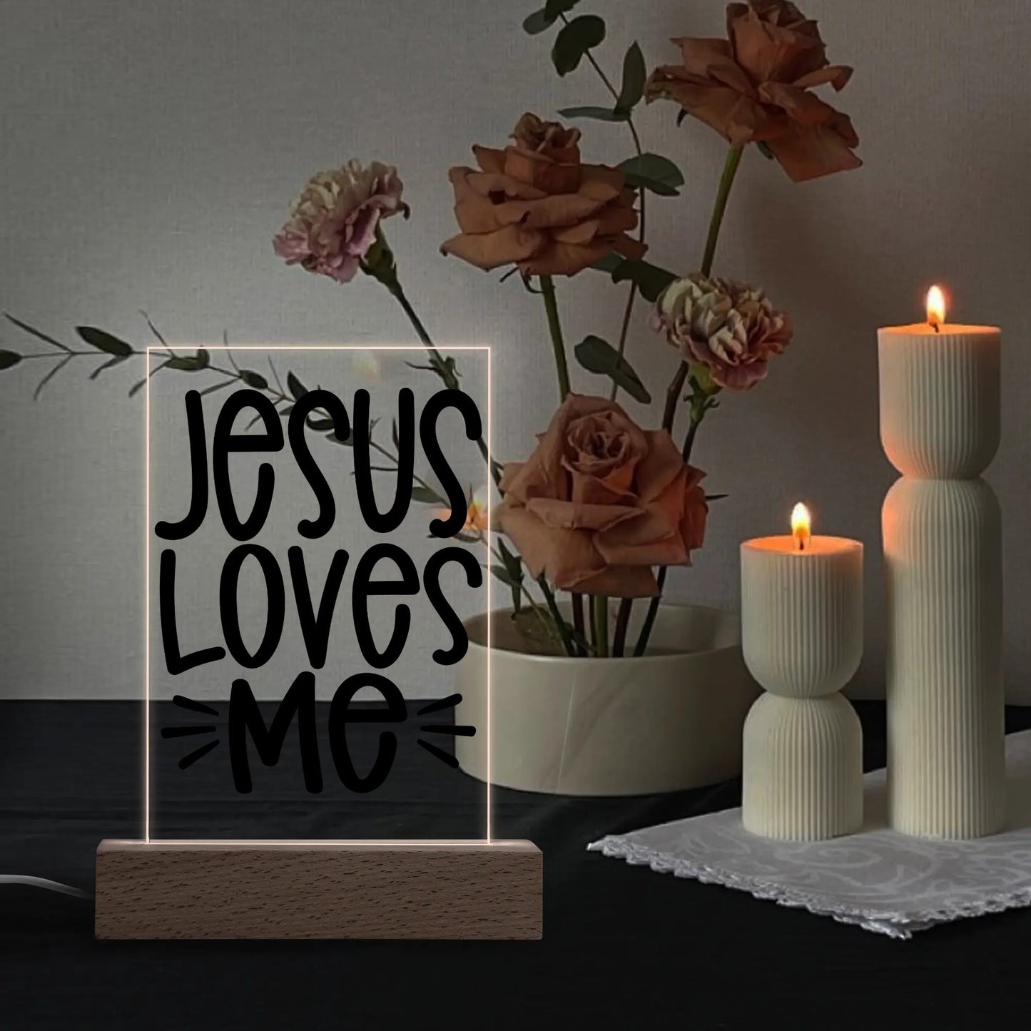 Christian - Rectangular LED Acrylic Night Light and Wooden Base Table Décor