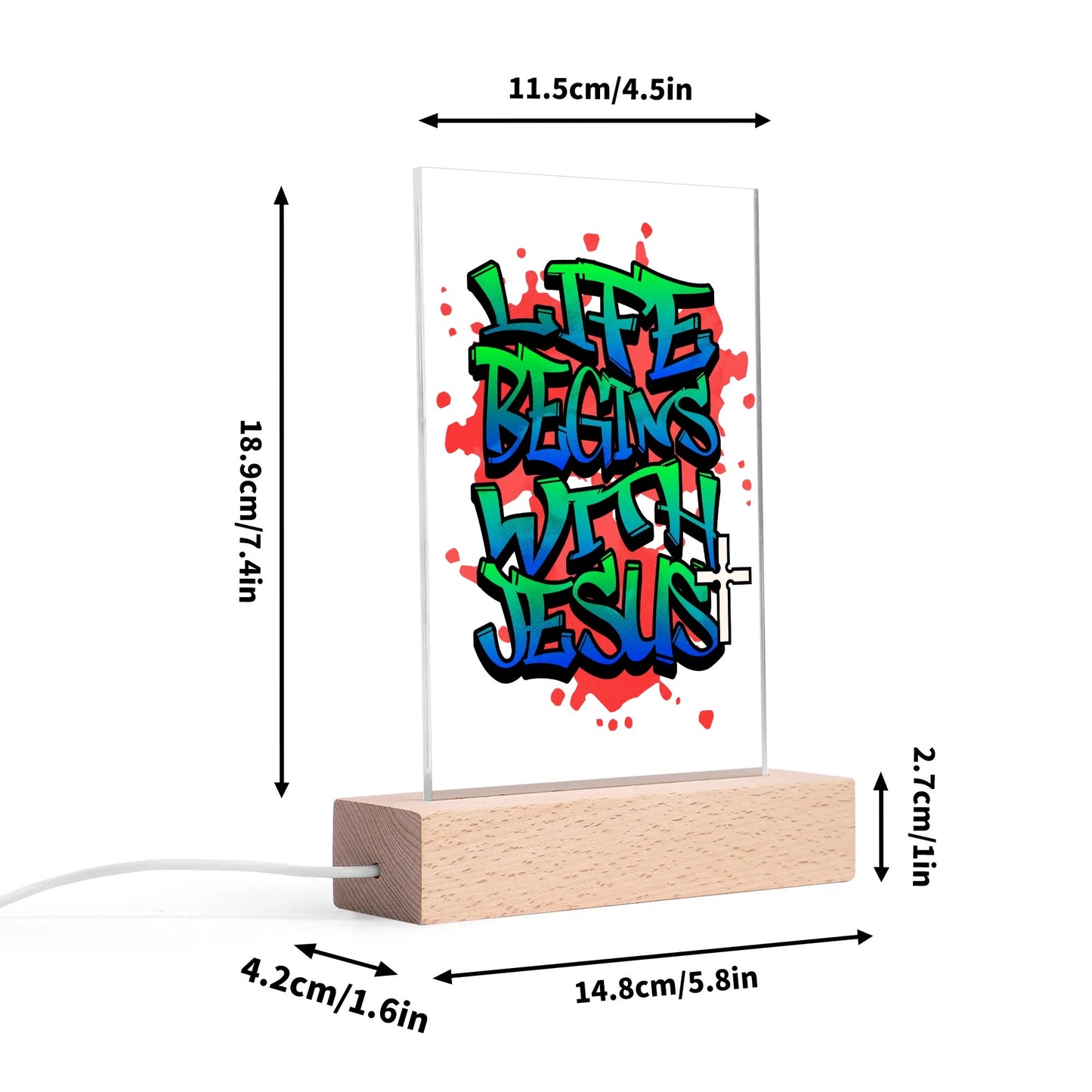 Christian - Rectangular LED Acrylic Night Light and Wooden Base Table Décor