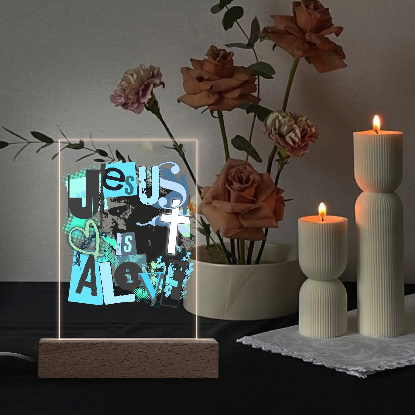 Christian - Rectangular LED Acrylic Night Light and Wooden Base Table Décor