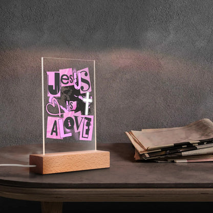 Christian - Rectangular LED Acrylic Night Light and Wooden Base Table Décor