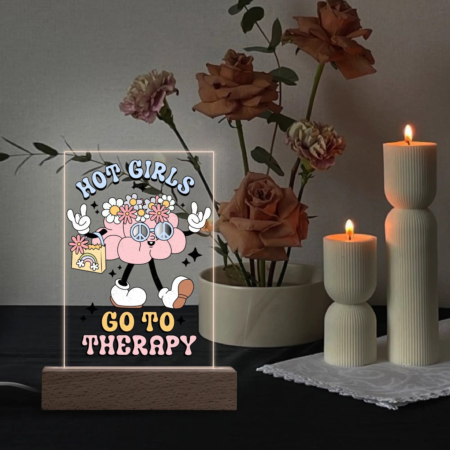 Brain Health - LED Acrylic Night Light and Wooden Base Table Décor