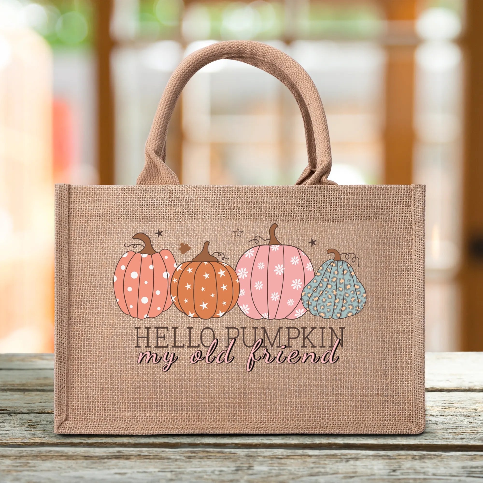 Hello Pumpkin My Old Friend - Eco-Friendly Reusable Jute Burlap Tote Bag - Celebrating Fall!