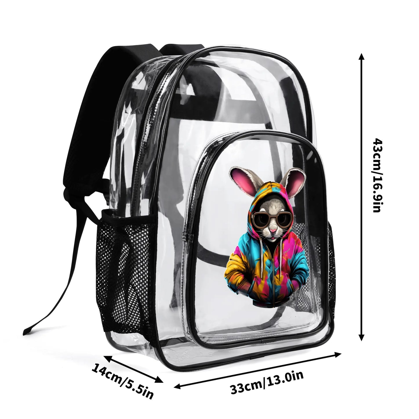 Hip Hop Rabbit - Stadium Approved Clear Backpack, Heavy Duty PVC Design for College, Work & Travel, with Adjustable Straps & Quick Security Check