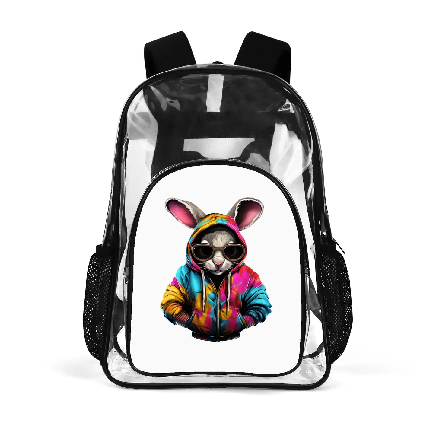 Hip Hop Rabbit - Stadium Approved Clear Backpack, Heavy Duty PVC Design for College, Work & Travel, with Adjustable Straps & Quick Security Check