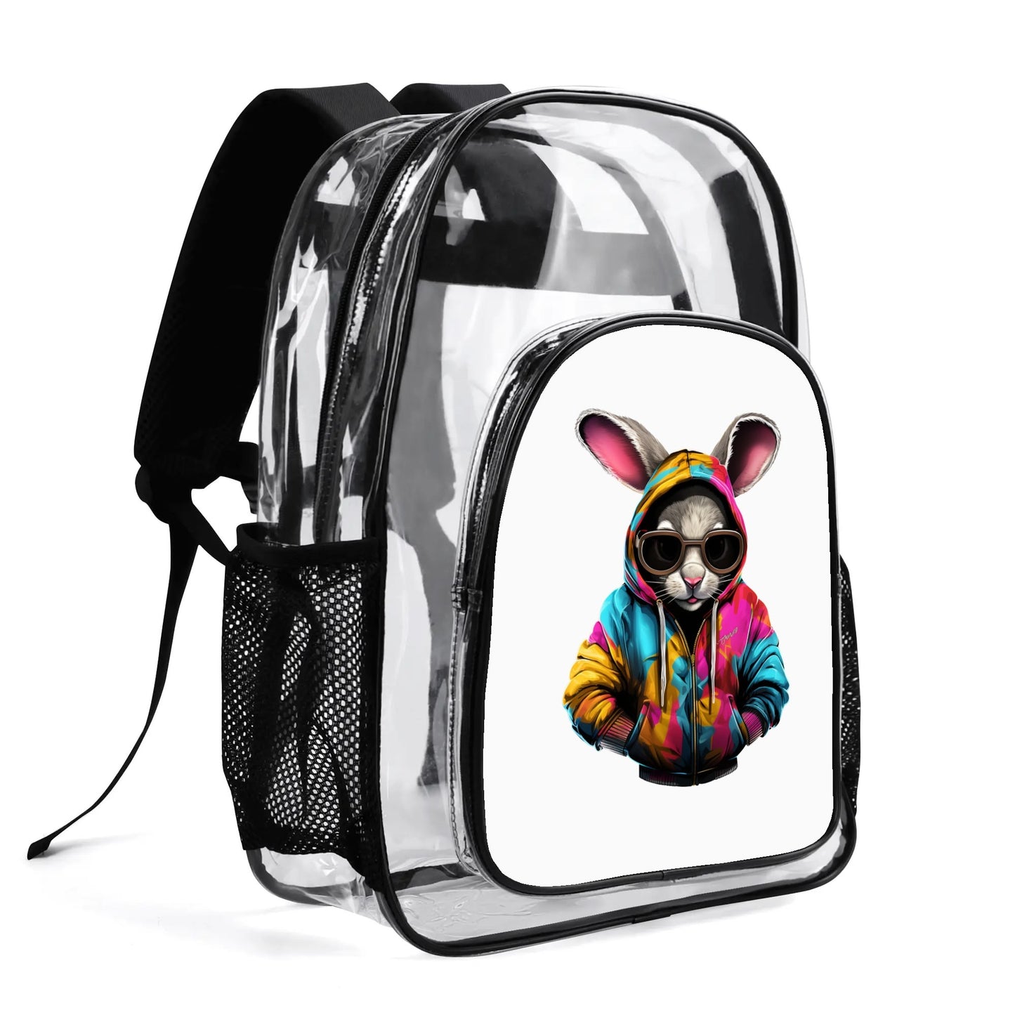 Hip Hop Rabbit - Stadium Approved Clear Backpack, Heavy Duty PVC Design for College, Work & Travel, with Adjustable Straps & Quick Security Check