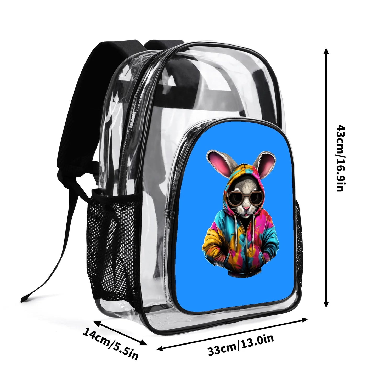 Hip Hop Rabbit - Stadium Approved Clear Backpack, Heavy Duty PVC Design for College, Work & Travel, with Adjustable Straps & Quick Security Check