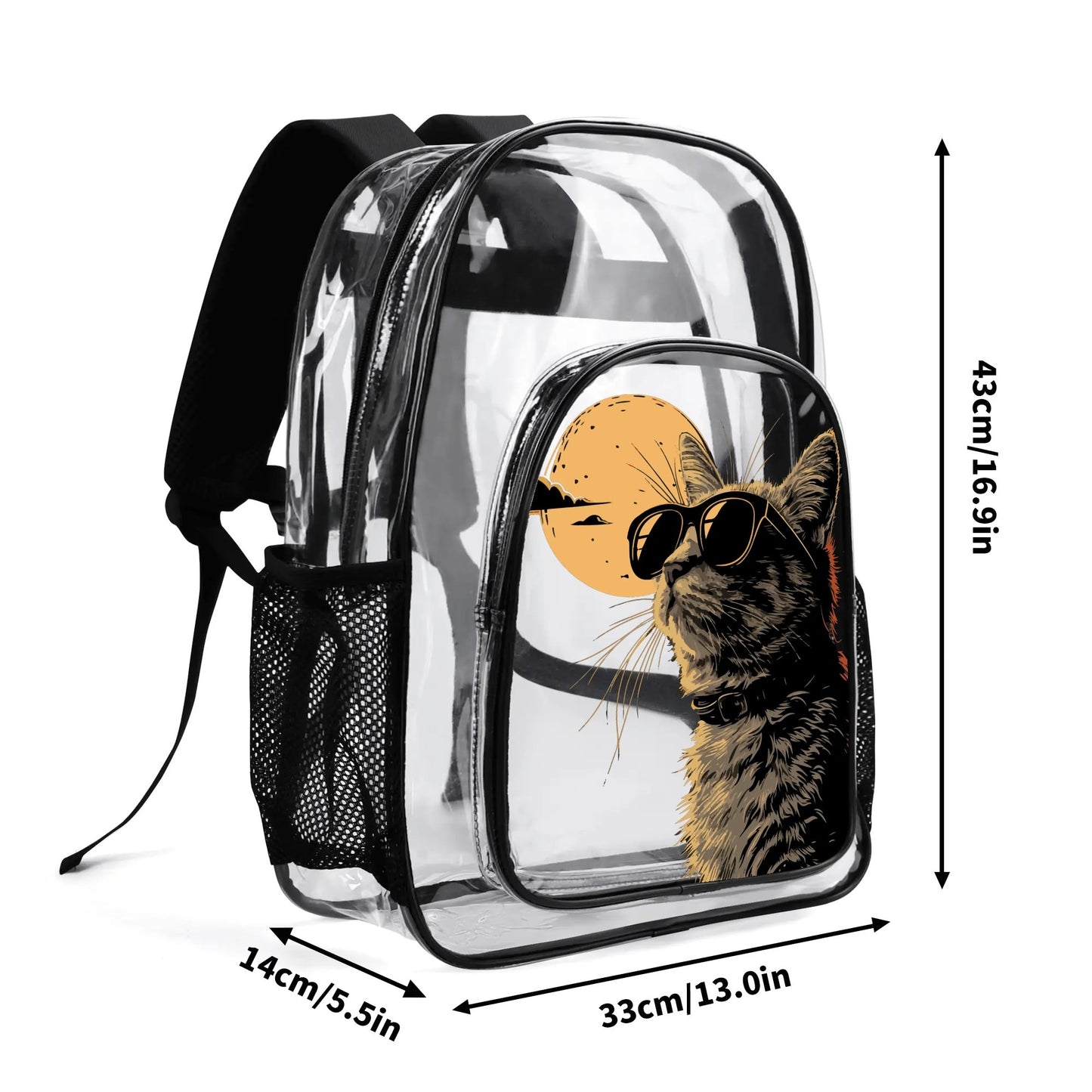 Cool Cat - Stadium Approved Clear Backpack, Heavy Duty PVC Design for College, Work & Travel, with Adjustable Straps & Quick Security Check