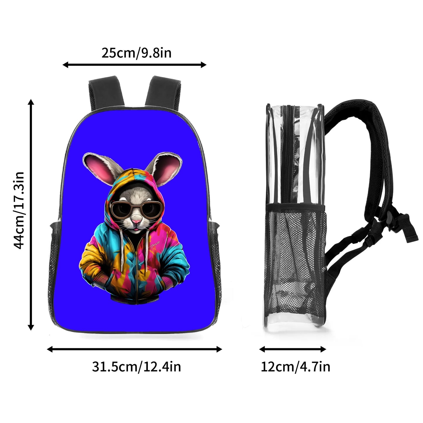 Hip Hop Rabbit - 17 Transparent See Through Backpack/Bookbag - Single Compartment