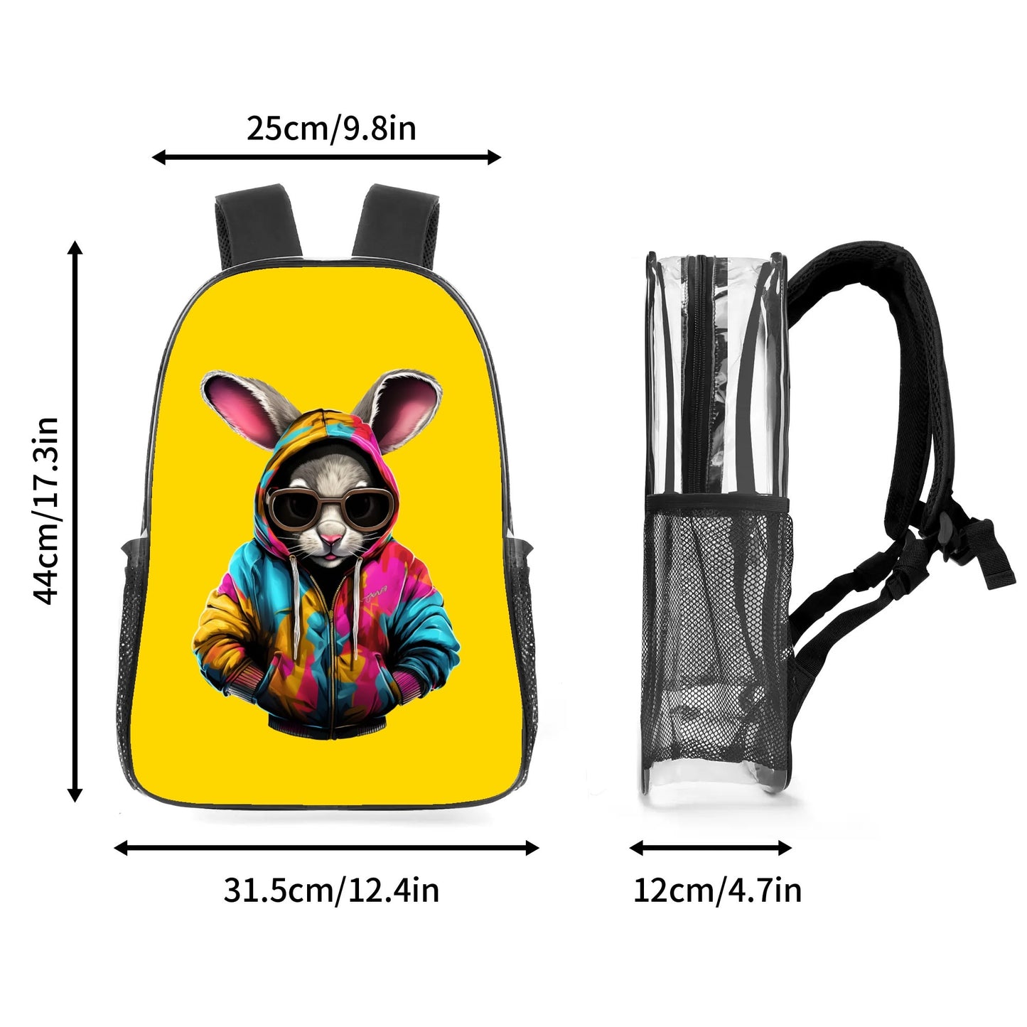 Hip Hop Rabbit - 17 Transparent See Through Backpack/Bookbag - Single Compartment