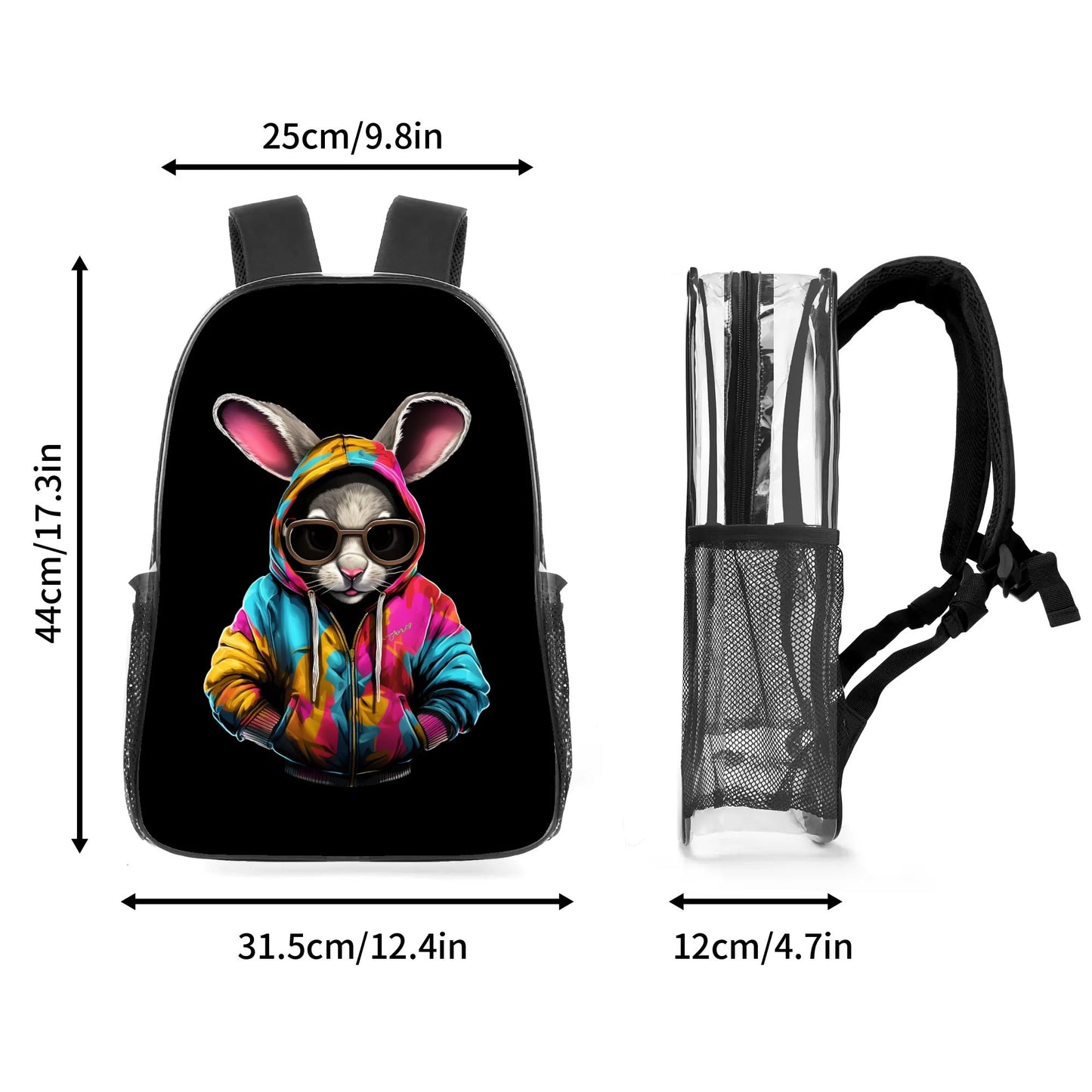 Hip Hop Rabbit - 17 Transparent See Through Backpack/Bookbag - Single Compartment