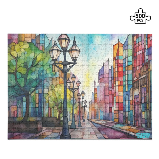 Stained Glass City Street - Jigsaw Puzzle (500 Pcs)