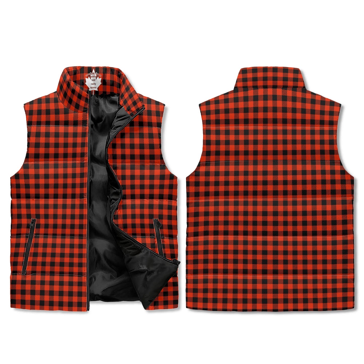 Burnt Orange Black Buffalo Plaid Puffer Vest - Unisex, All-Weather Protection with Zip Closure