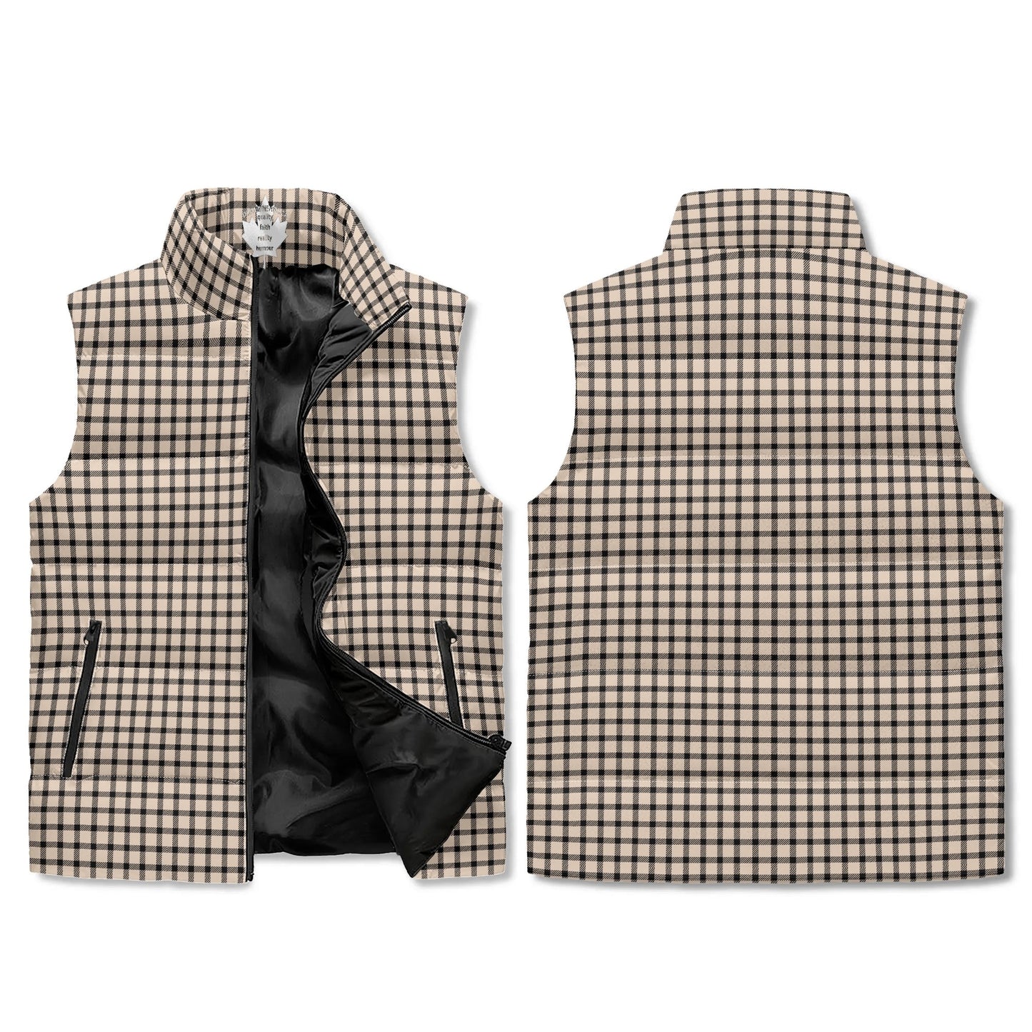 Natural Black Buffalo Plaid Puffer Vest - Unisex, All-Weather Protection with Zip Closure