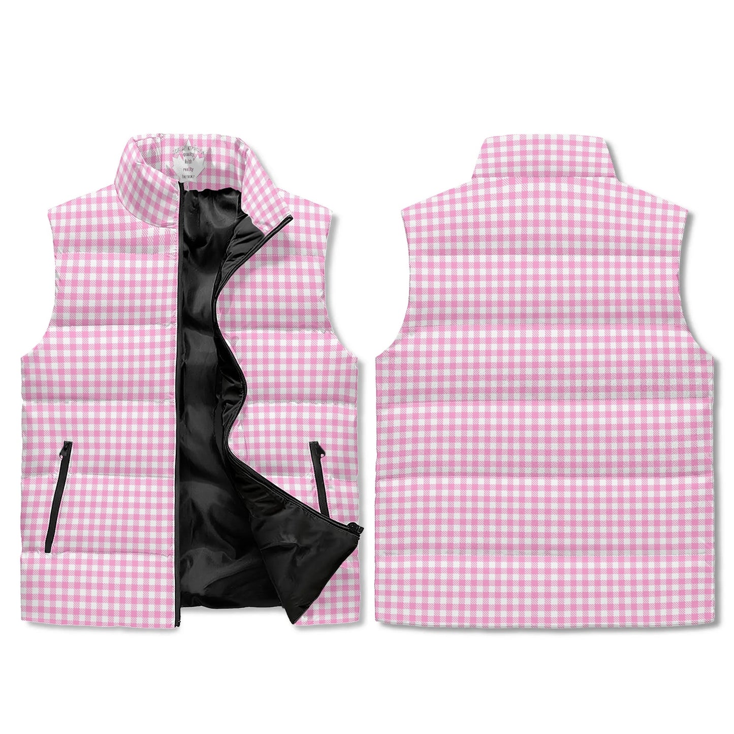 Pastel White Buffalo Plaid Puffer Vest - Unisex, All-Weather Protection with Zip Closure