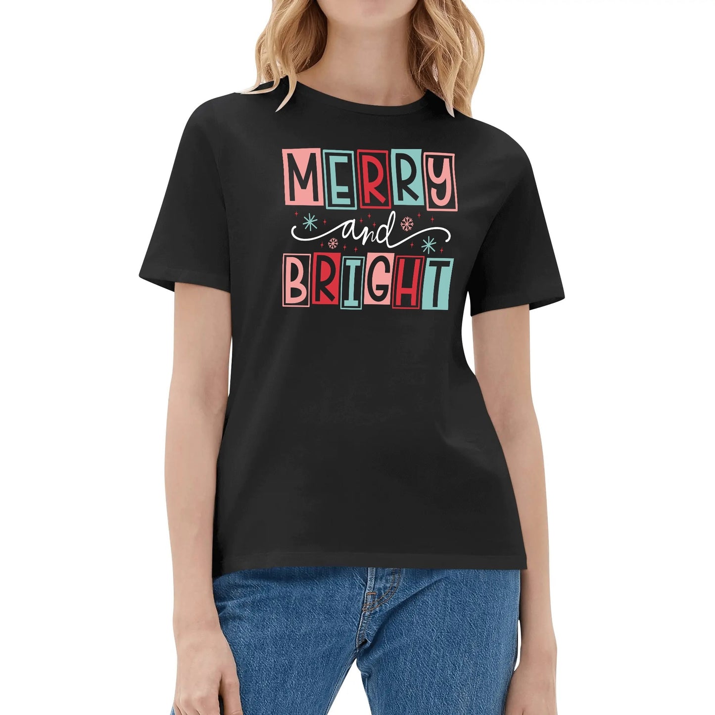 Merry and Bright - Womens Super Soft 100% Cotton Funny Christmas T-Shirt