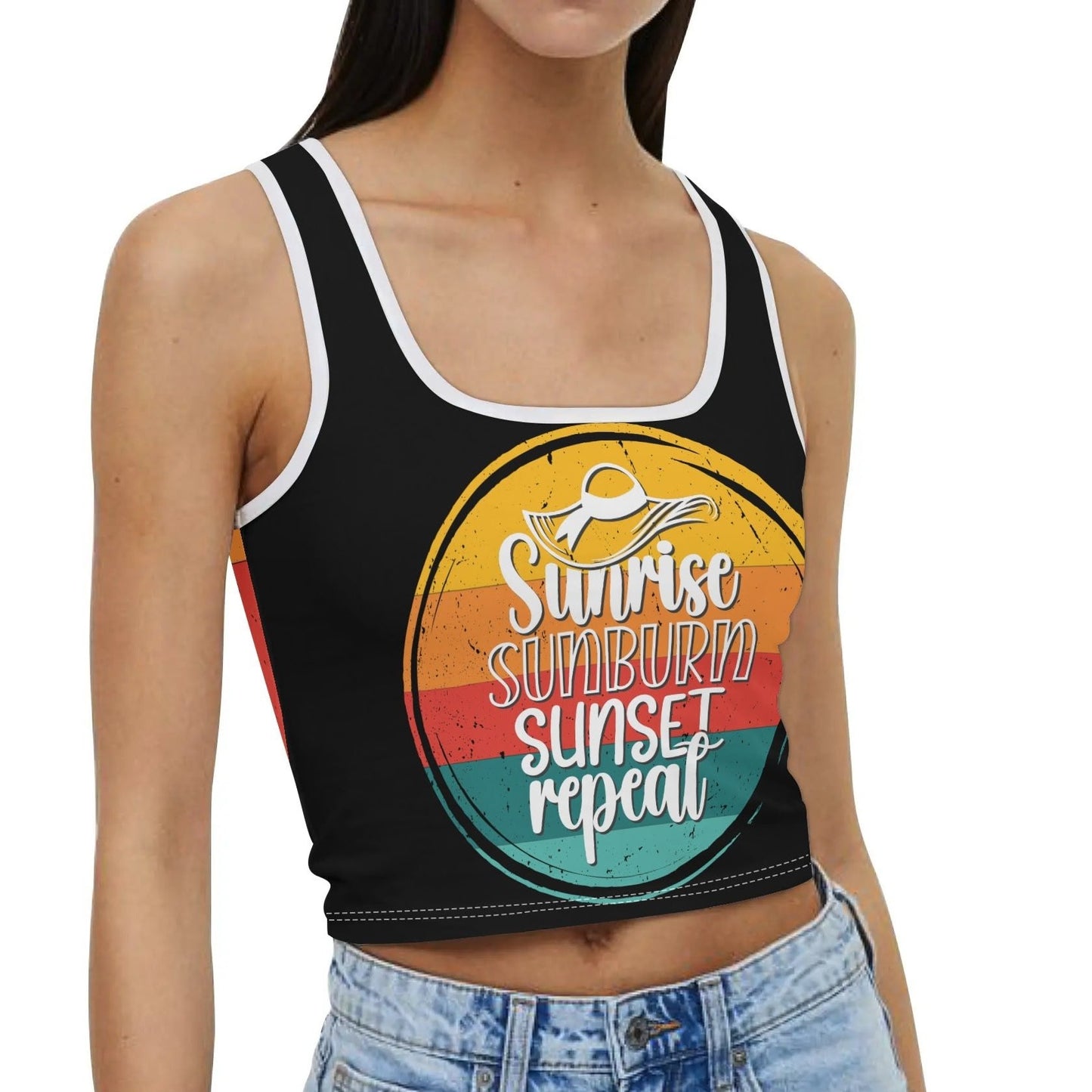 Sunrise Sunburn Sunset Repeat - Women's Casual Summer Sleeveless Stretch Crop Tank Top Shirts