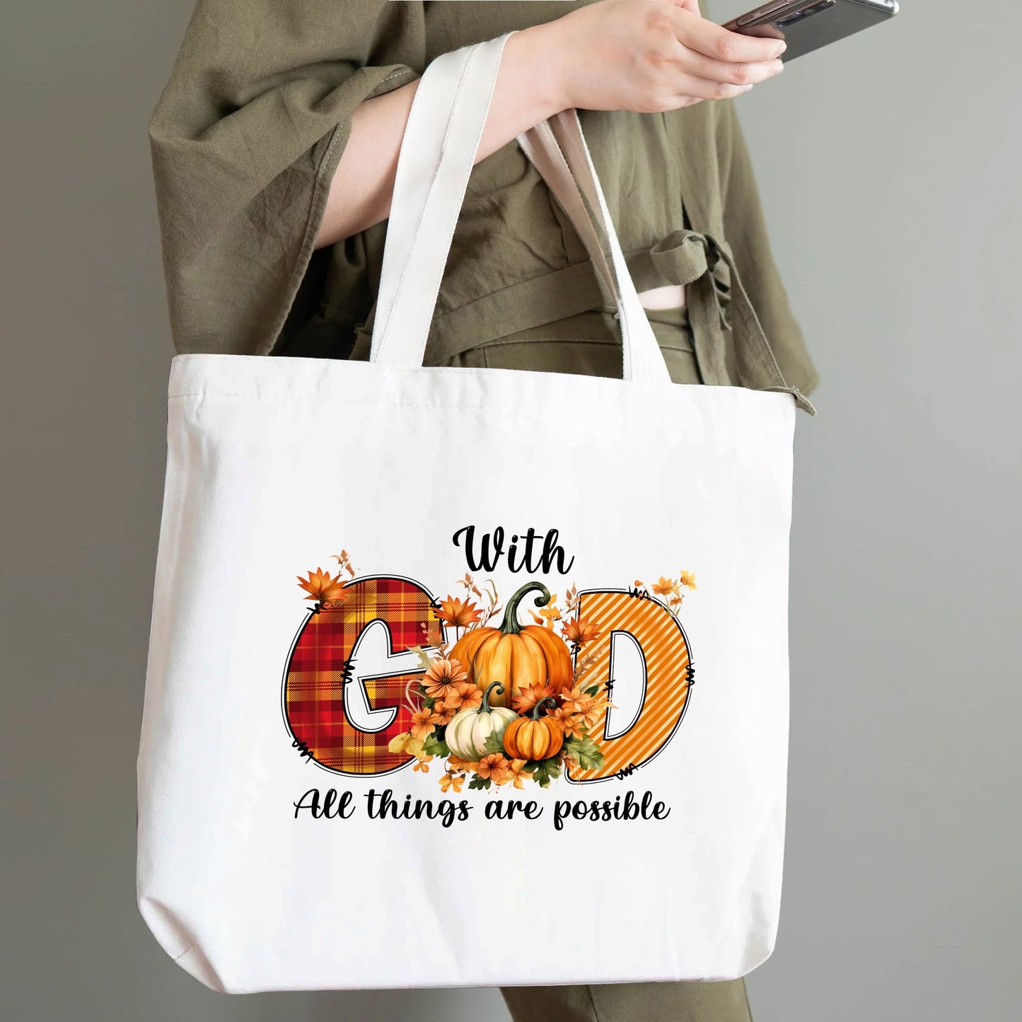 With God All Things Are Possible - 100% Cotton Tote Bag (Single-sided Print) Celebrate Fall