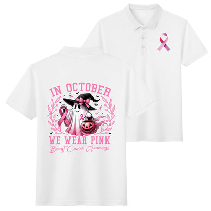 In October We Wear Pink - Unisex 100% Cotton Double-Sided Polo Shirt - Breast Cancer Awareness