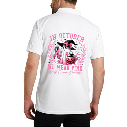 In October We Wear Pink - Unisex 100% Cotton Double-Sided Polo Shirt - Breast Cancer Awareness