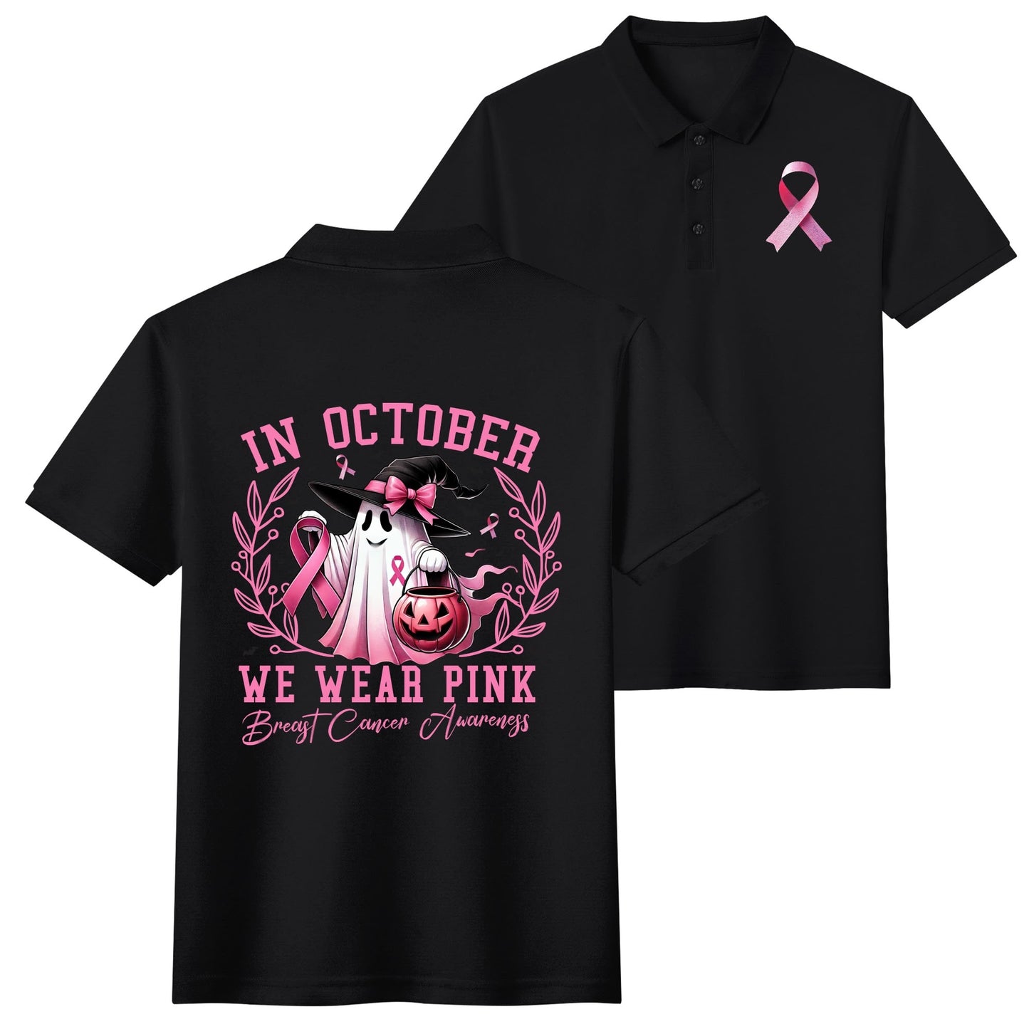 In October We Wear Pink - Unisex 100% Cotton Double-Sided Polo Shirt - Breast Cancer Awareness