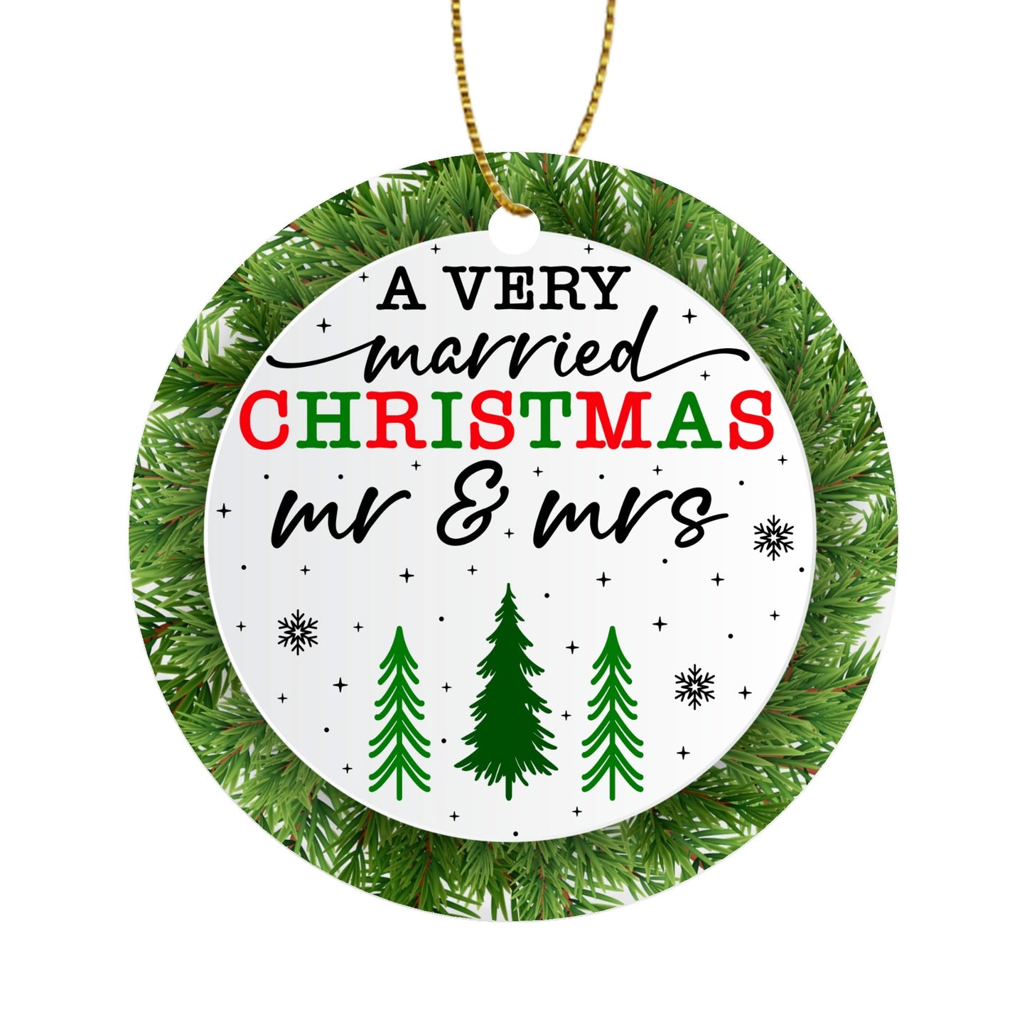 A Very Married Christmas Mr & Mrs - Round Ceramic Double-Sided Ornament Decoration (1pc & 6pcs) Coloured