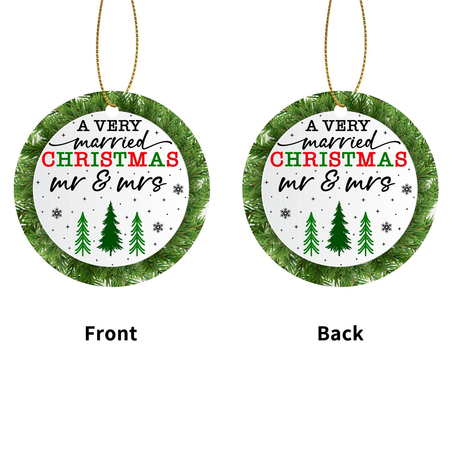 A Very Married Christmas Mr & Mrs - Round Ceramic Double-Sided Ornament Decoration (1pc & 6pcs) Coloured