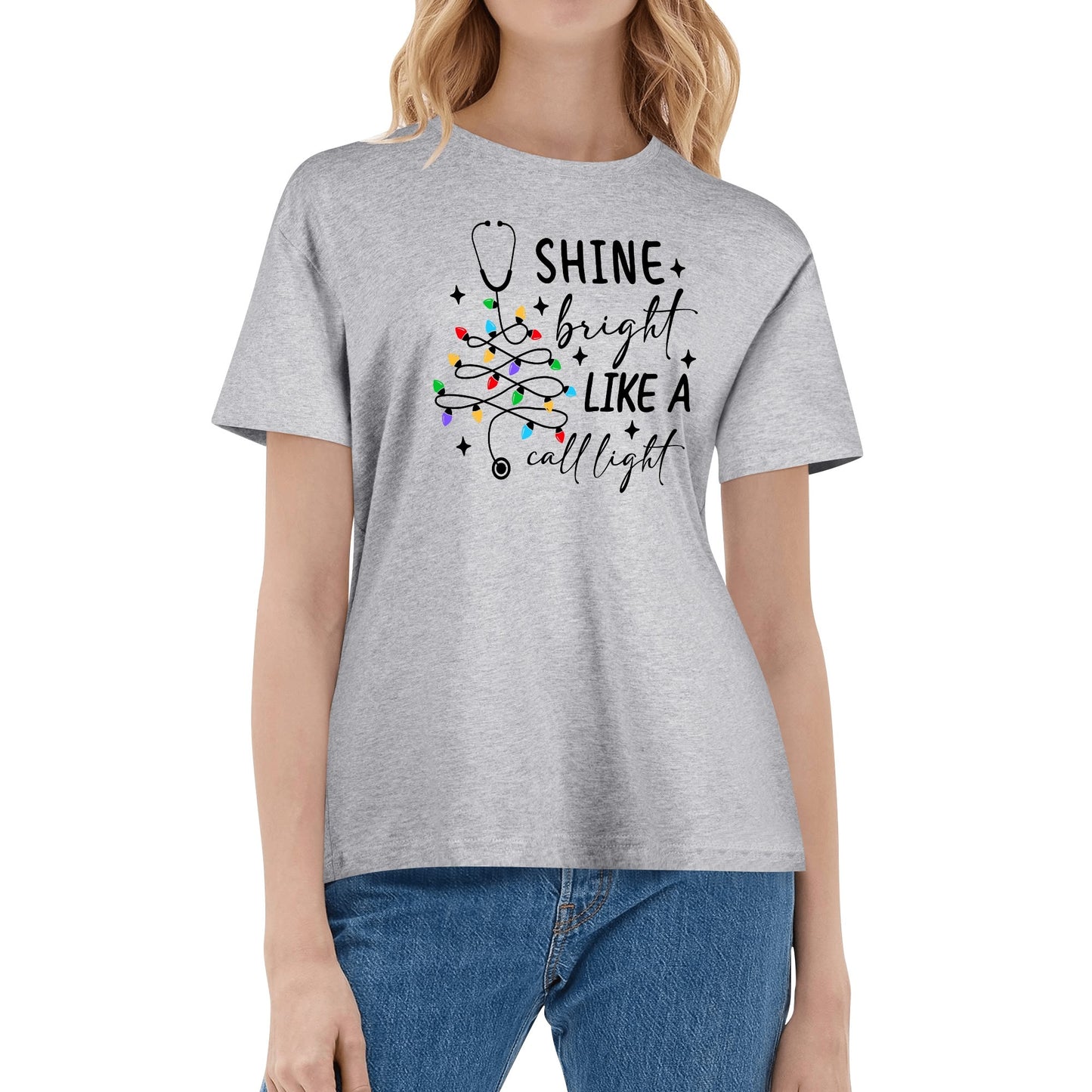 Shine Bright Like A Call Light - Womens 100% Soft Cotton Nurse Christmas T-Shirt