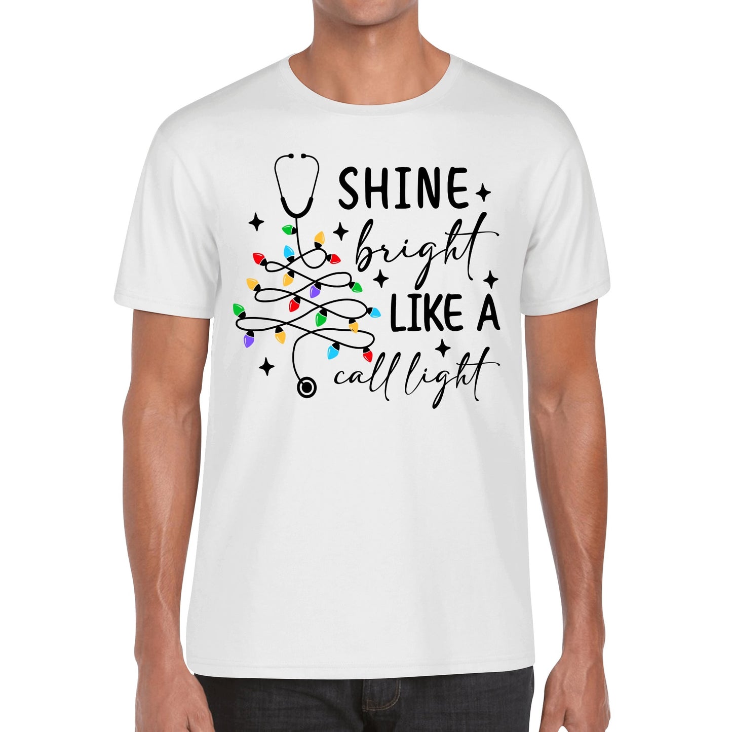 Shine Bright Like A Call Light - Mens 100% Soft Cotton Nurse Christmas T-Shirt