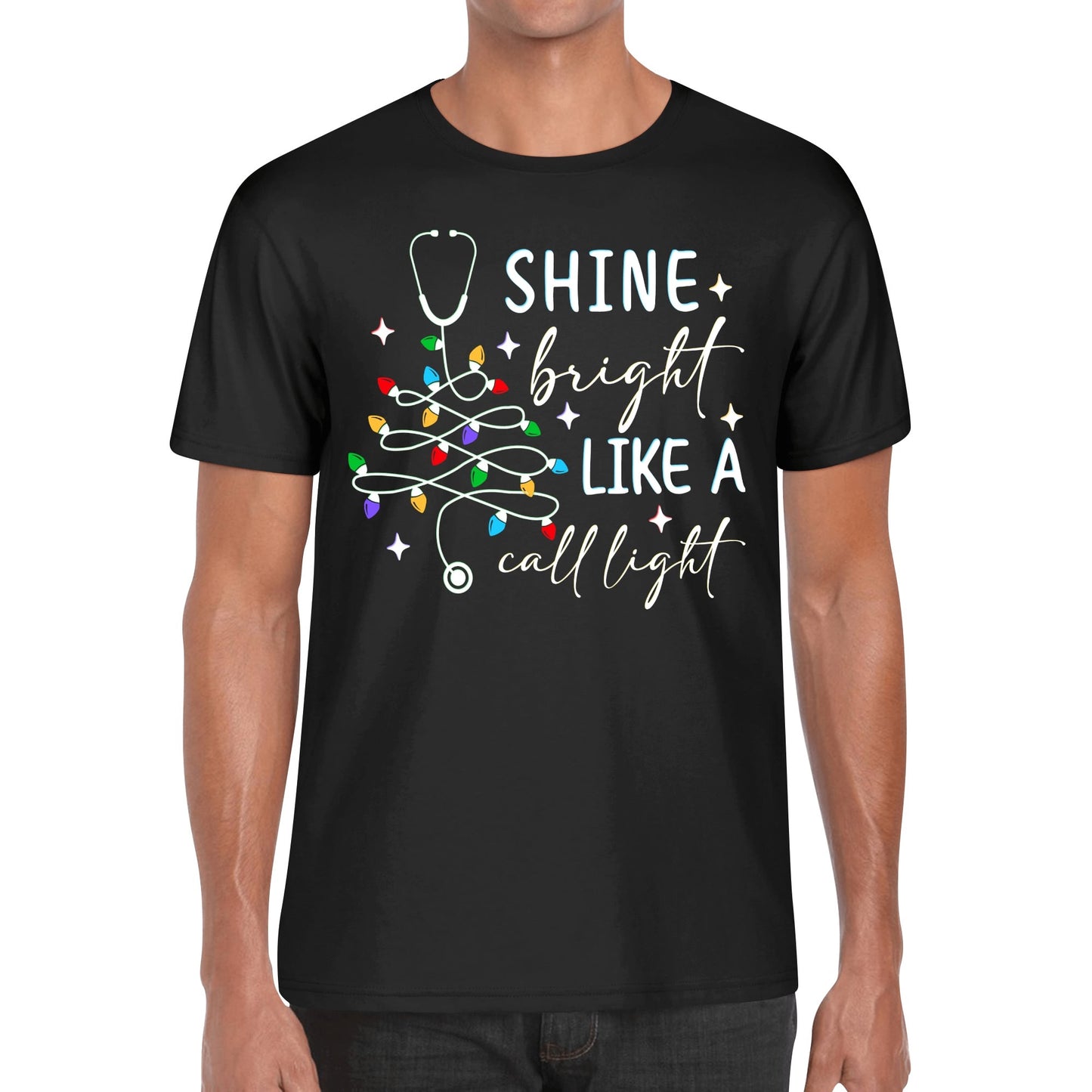 Shine Bright Like A Call Light - Mens 100% Soft Cotton Nurse Christmas T-Shirt